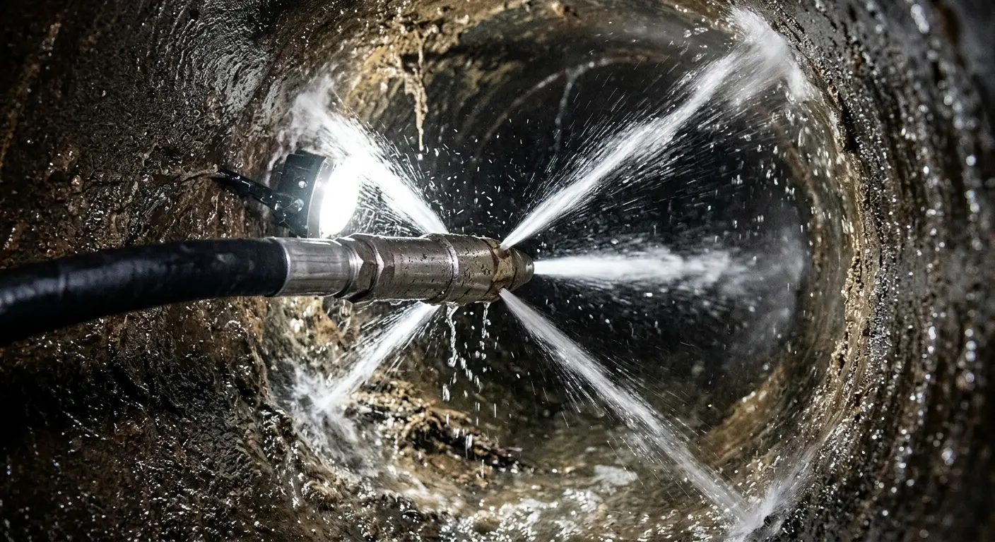 High-pressure hydro jetting nozzle cleaning sewer pipe for Storm Drain Cleaning in Dallas